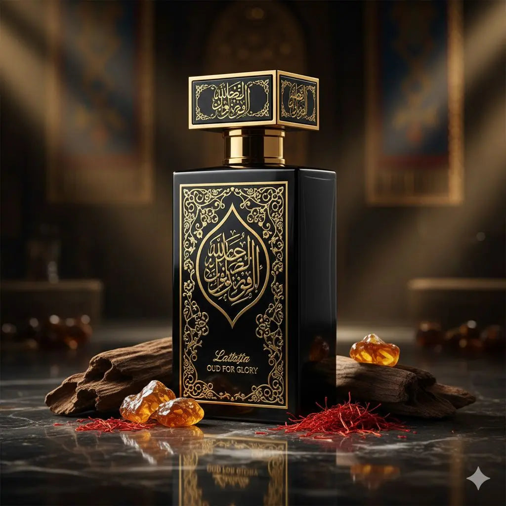 Frasco luxuoso do perfume árabe Lattafa Bade'e Al Oud Oud For Glory em mármore escuro com lascas de oud e âmbar, simbolizando alta fixação e a opulência oriental das fragrâncias árabes. Tech Vibe
