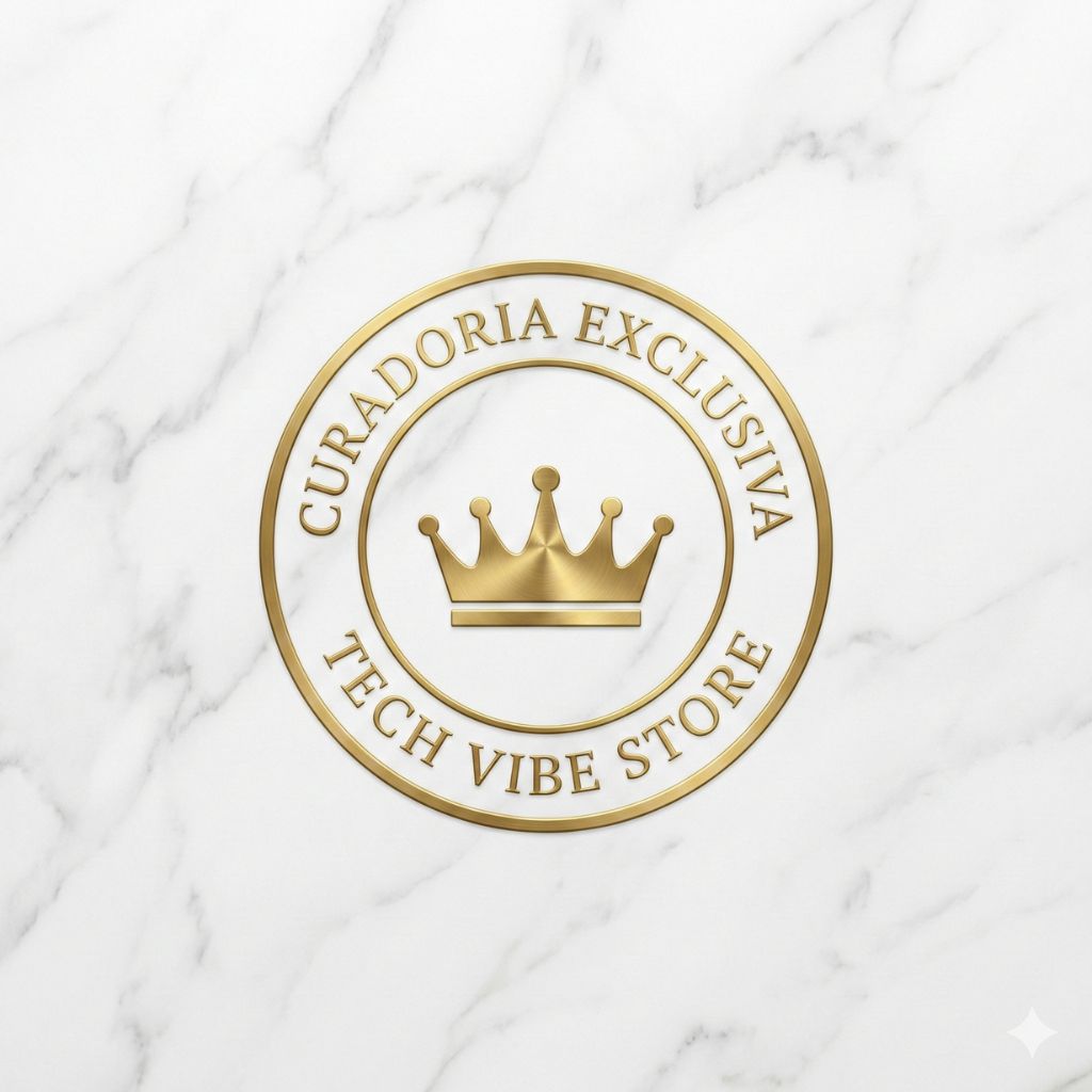 Selo dourado circular padronizado em mármore branco polido com uma coroa minimalista e a inscrição "Curadoria Exclusiva Tech Vibe Store", simbolizando a seleção rigorosa e a qualidade premium dos perfumes árabes.