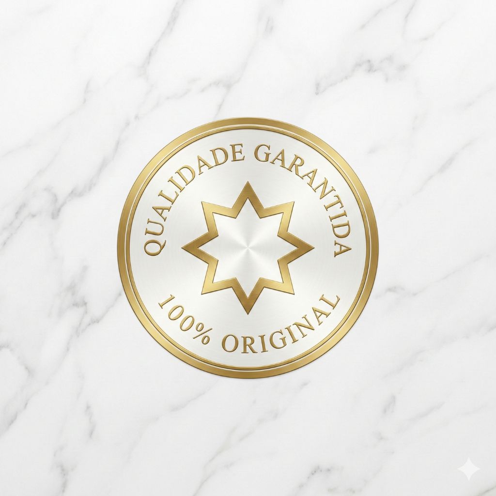 Selo dourado circular padronizado em mármore branco polido com uma estrela árabe de 8 pontas e a inscrição "Qualidade Garantida 100% Original", assegurando a autenticidade e a procedência dos perfumes árabes da Tech Vibe Store.